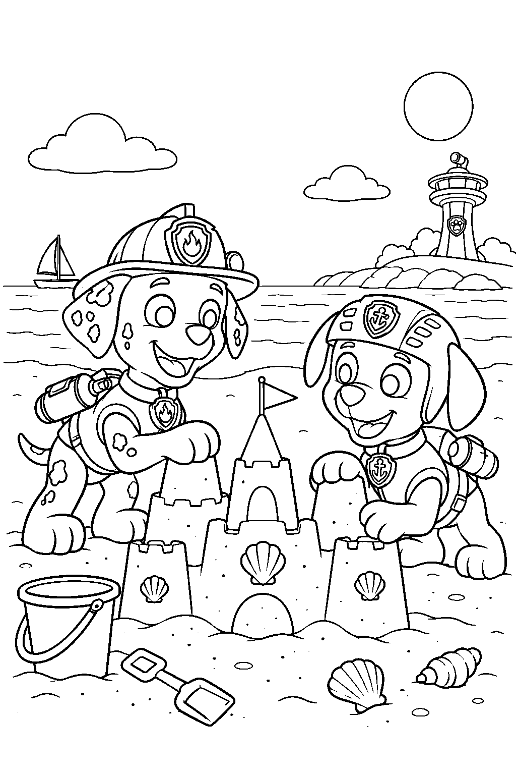 paw patrol marshall and zuma building a sandcastle on adventure bay beach line art