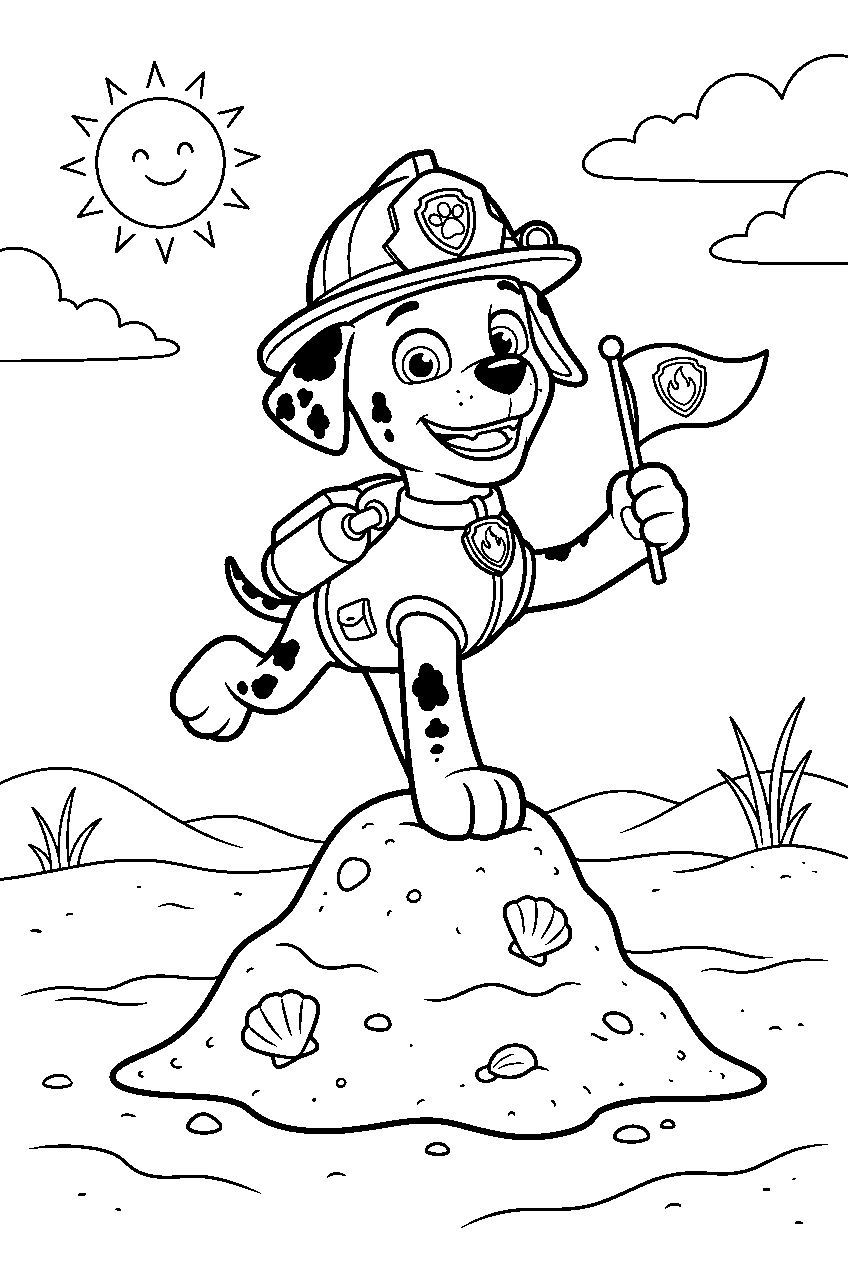 paw patrol marshall balancing in sand line art