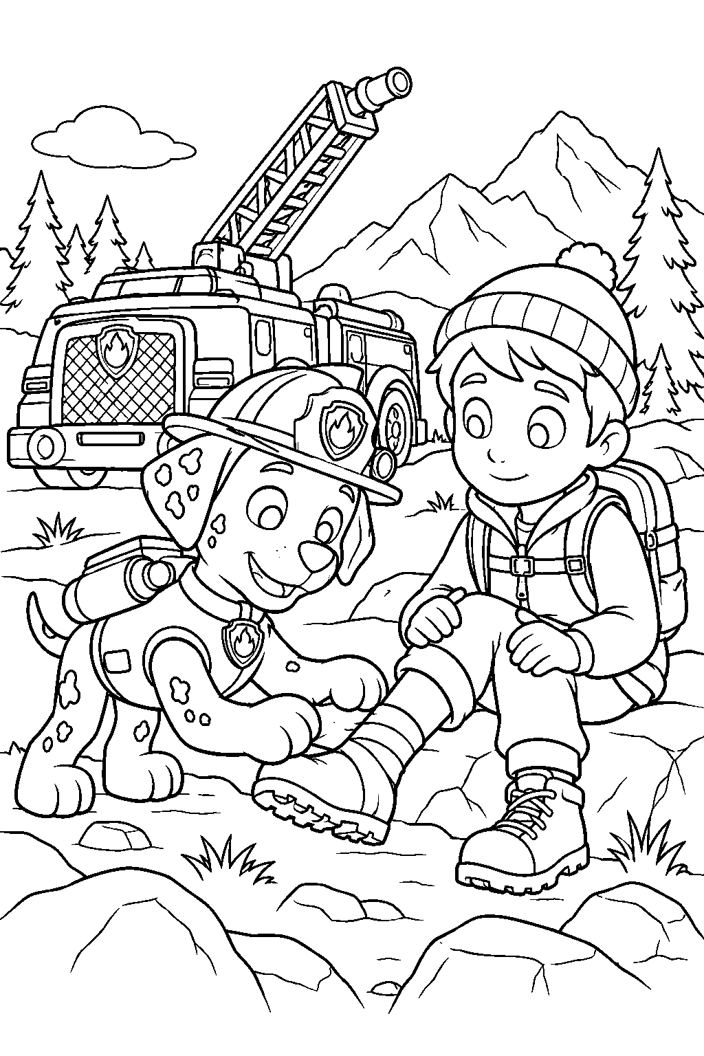 paw patrol marshall bandaging jake s injured ankle during a mountain rescue line art