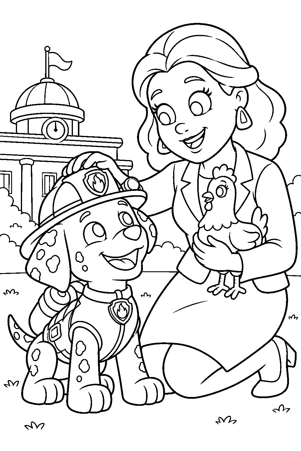 paw patrol marshall being thanked by mayor goodway and chickaletta after a rescue line art