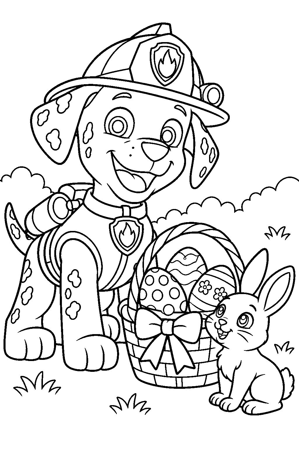 paw patrol marshall beside an easter basket and a bunny line art