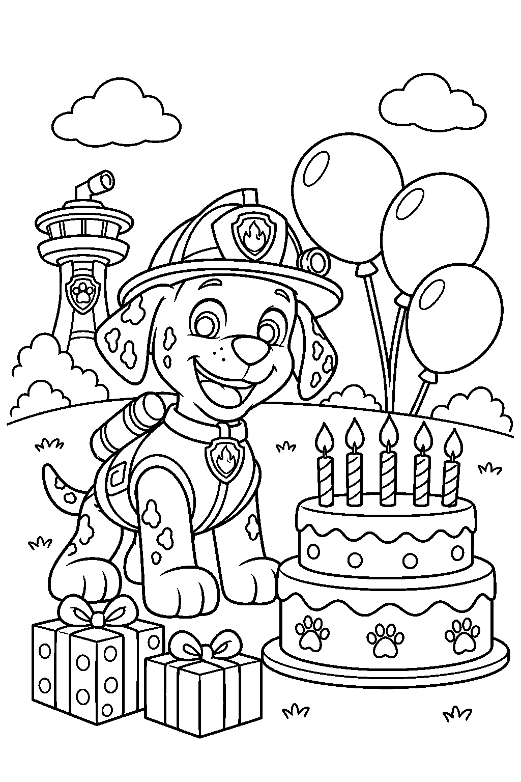 paw patrol marshall celebrating his birthday beside a cake and balloons line art
