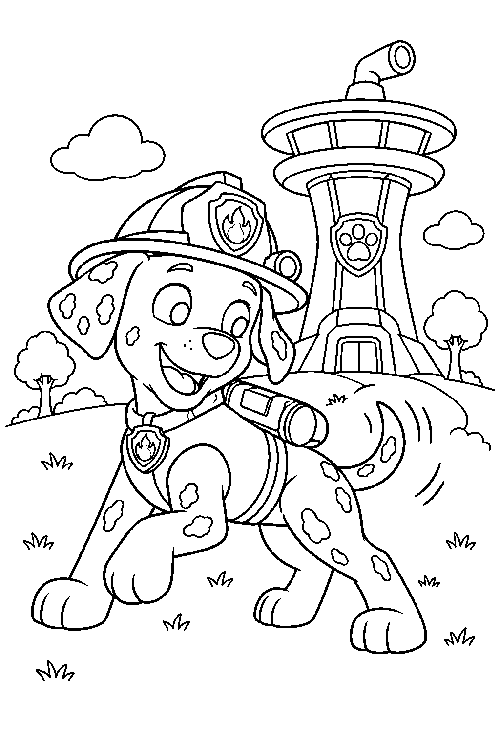 paw patrol marshall chasing his tail outside the lookout line art