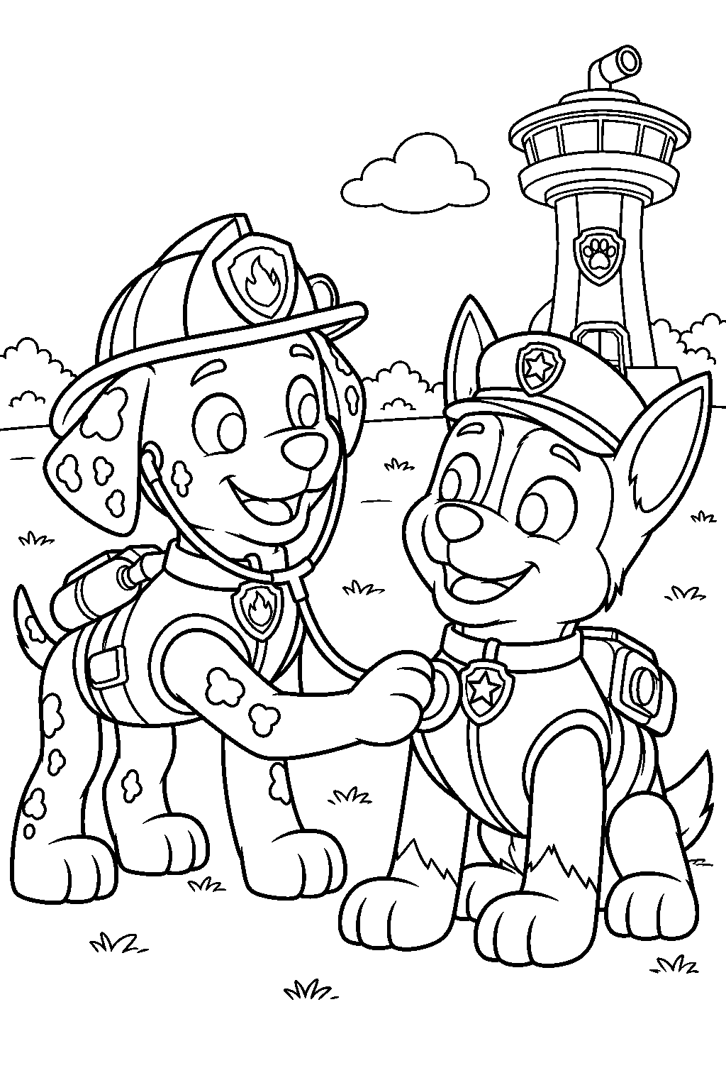 paw patrol marshall checking chase with a stethoscope line art