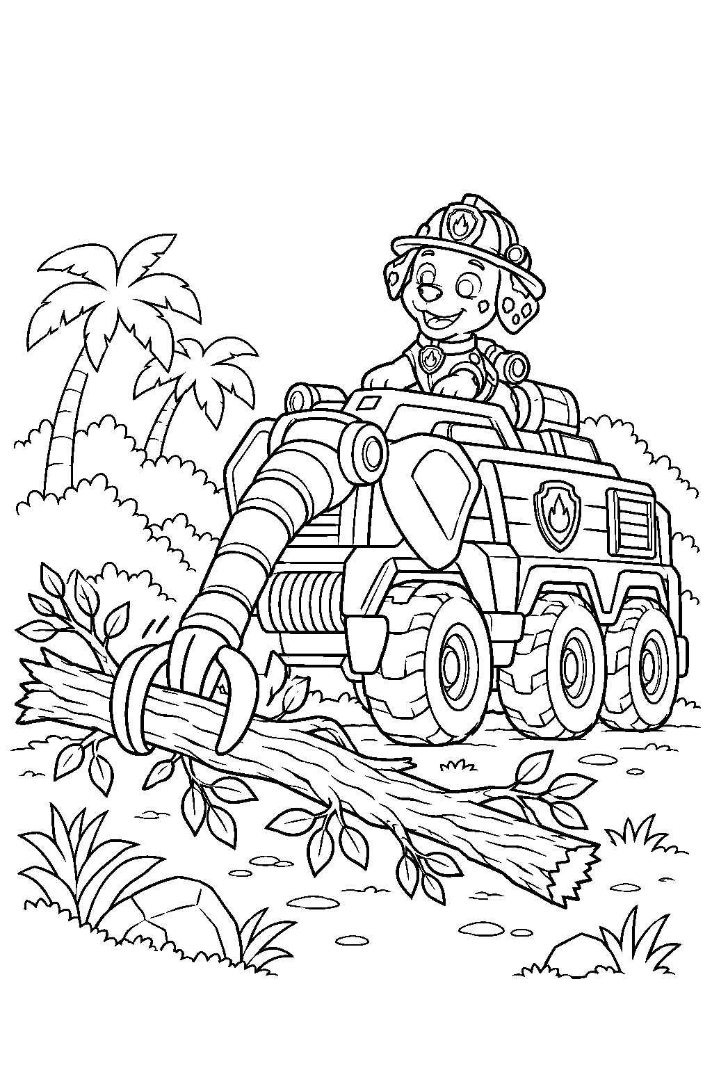paw patrol marshall clearing a fallen branch with his jungle pups elephant fire truck line art