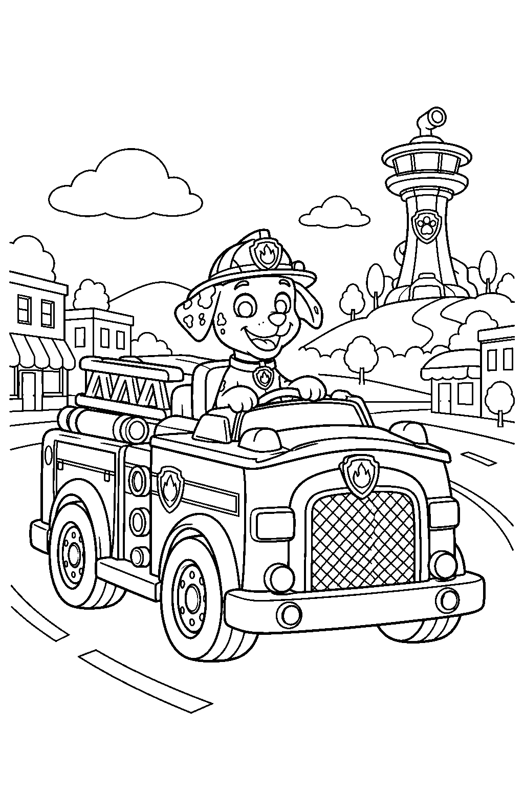 paw patrol marshall driving his fire truck through adventure bay line art