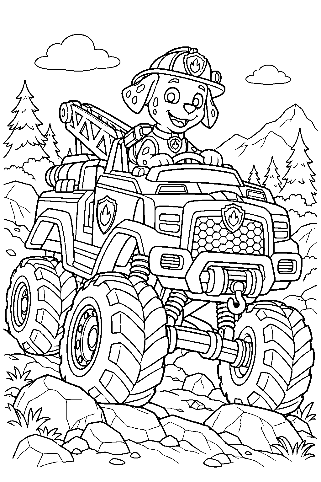 paw patrol marshall driving his rescue wheels monster fire truck over a rocky trail line art