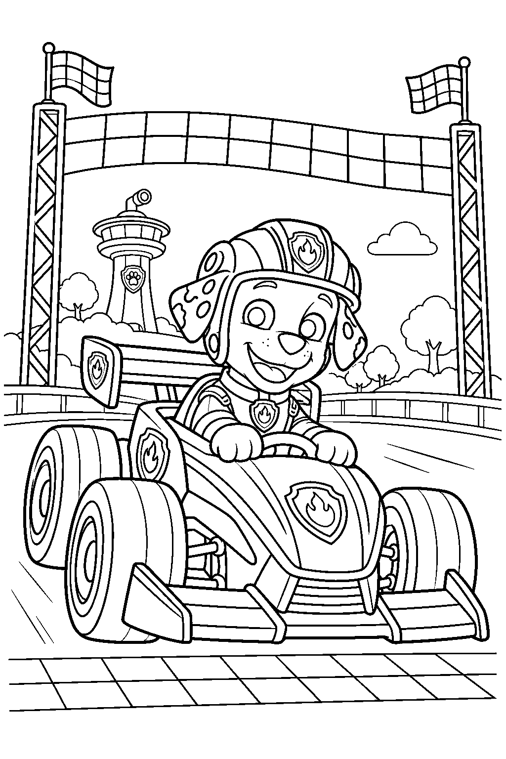 paw patrol marshall driving the whoosh s race car across the finish line in ready race rescue line art