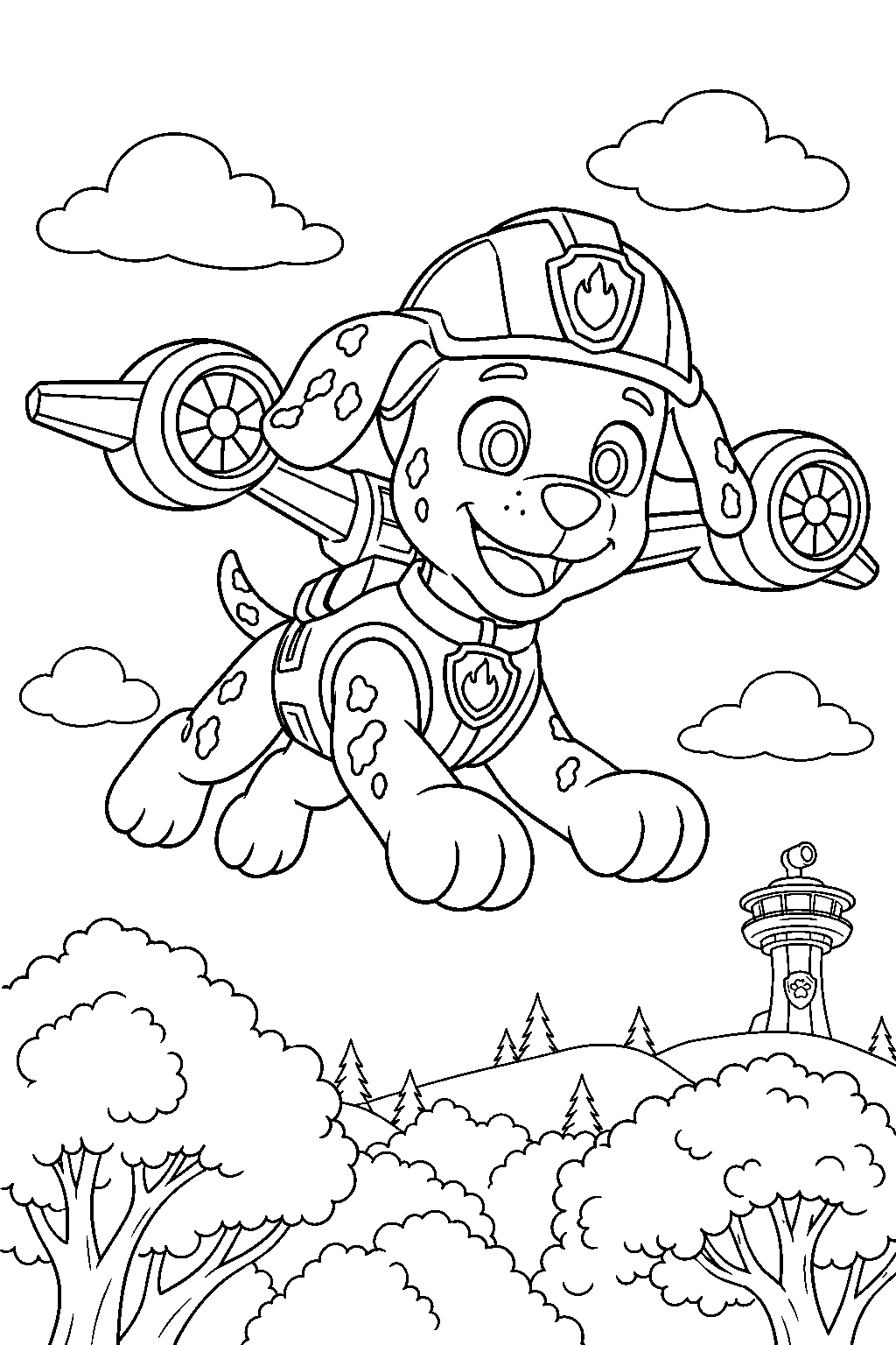 paw patrol marshall flying above the treetops with his air pups flight pack line art