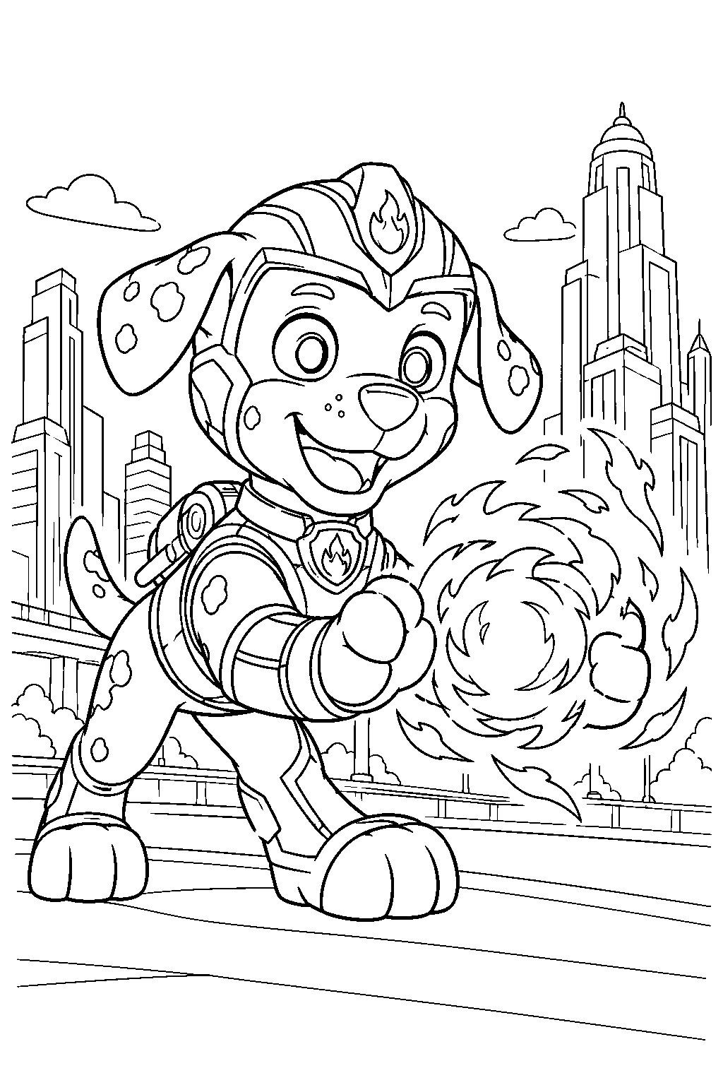 paw patrol marshall from the mighty movie forming a fireball with his paws in adventure city line art