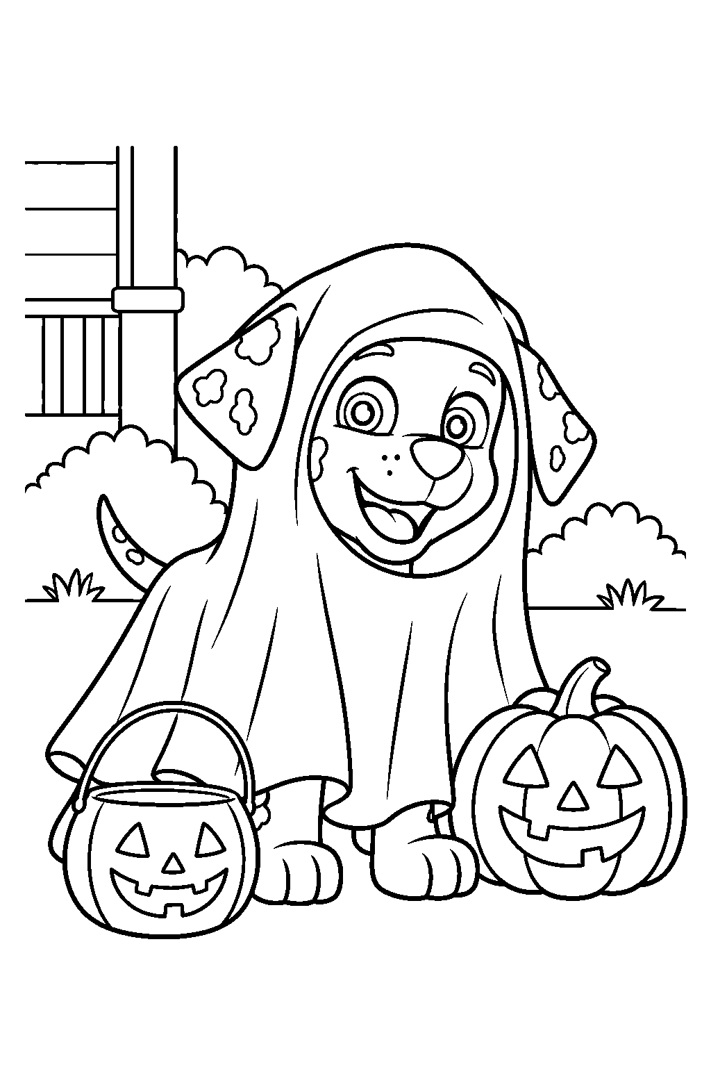 paw patrol marshall in a ghost costume beside a pumpkin and a trick or treat bucket line art