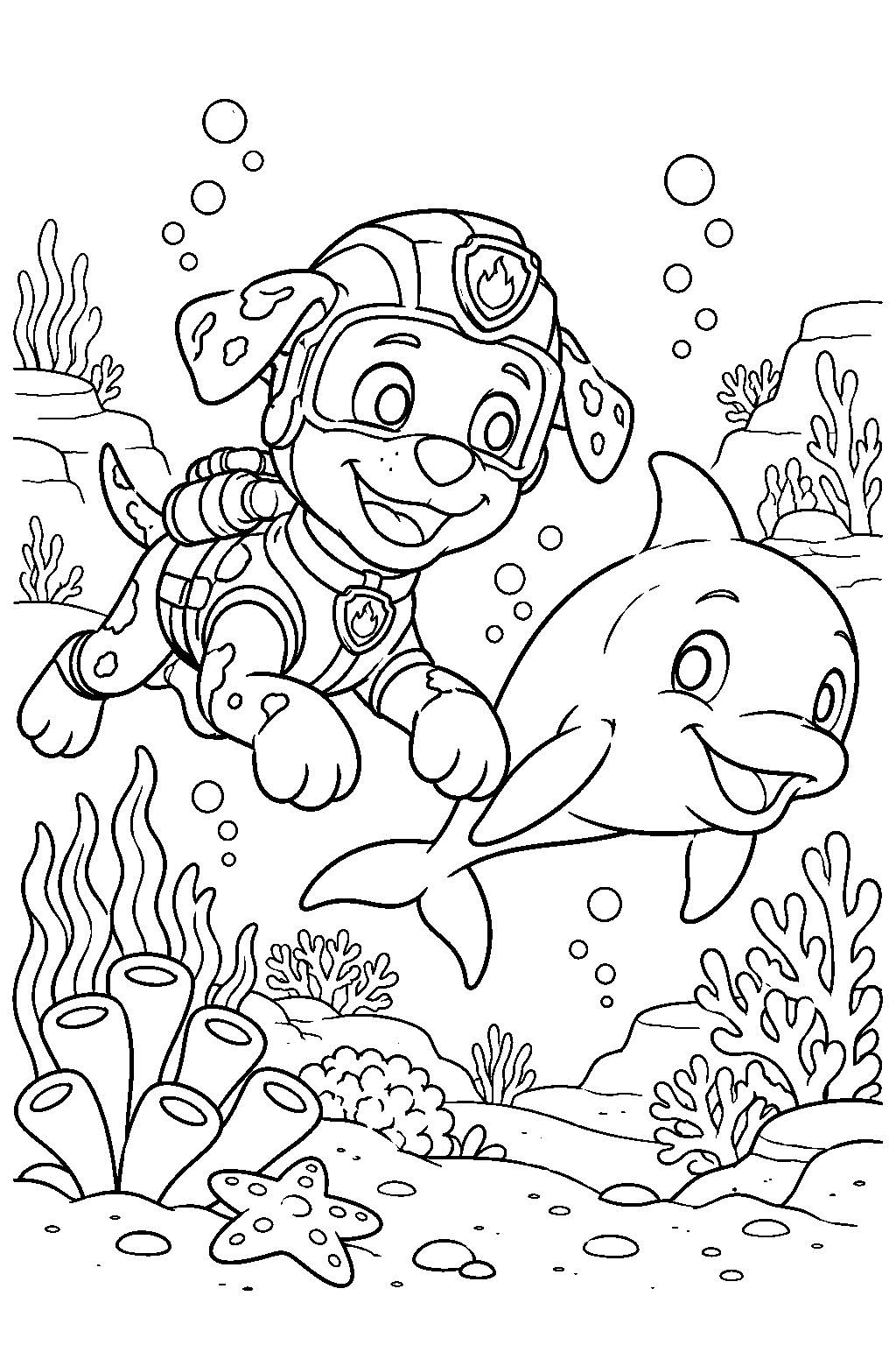 paw patrol marshall in his aqua pups wetsuit swimming beside a dolphin through a coral reef line art