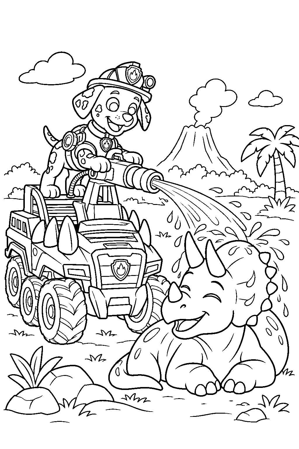 paw patrol marshall in his dino rescue gear cooling a dinosaur with his water cannon line art