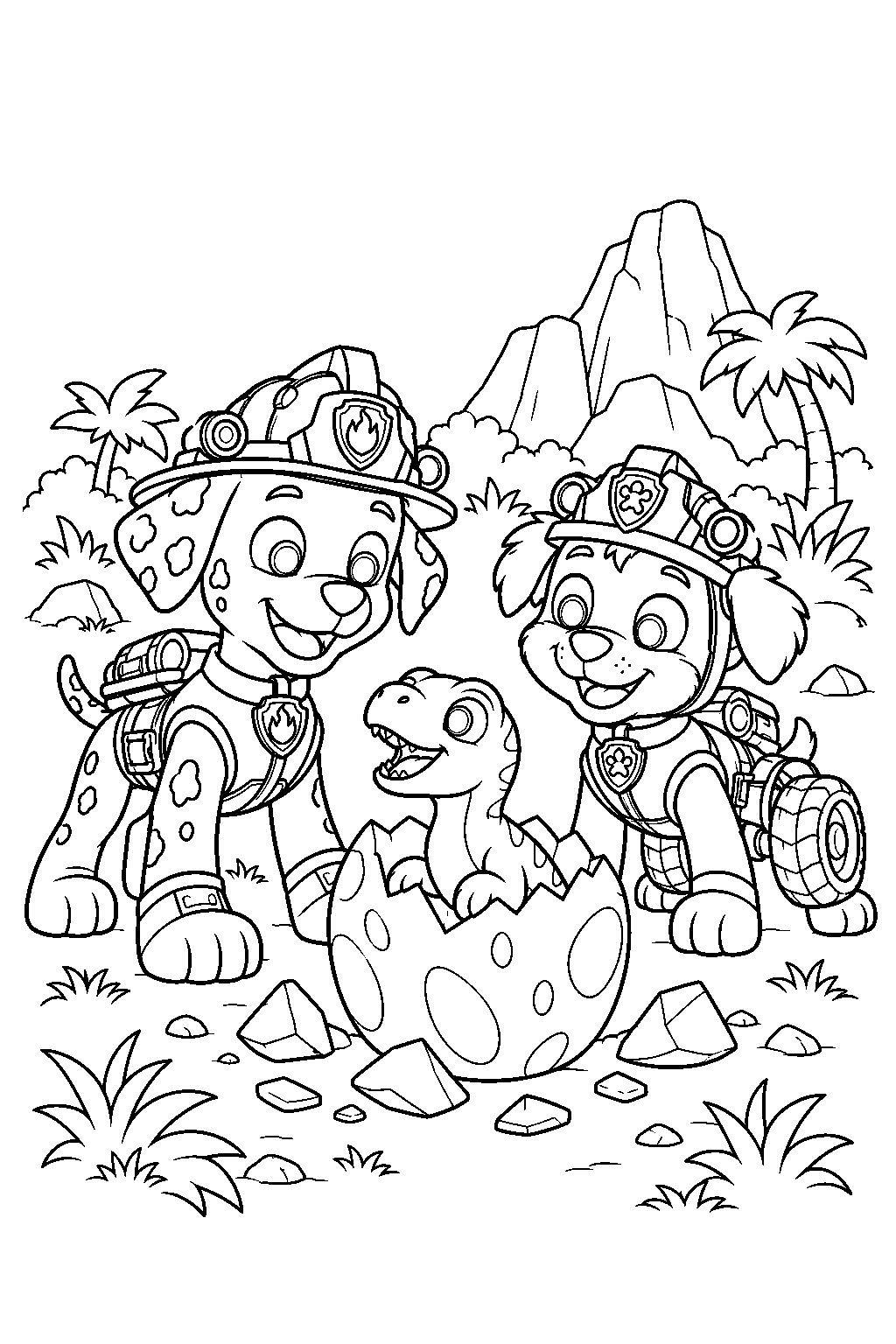 paw patrol marshall in his dino rescue uniform watching a baby dinosaur hatch beside rex line art