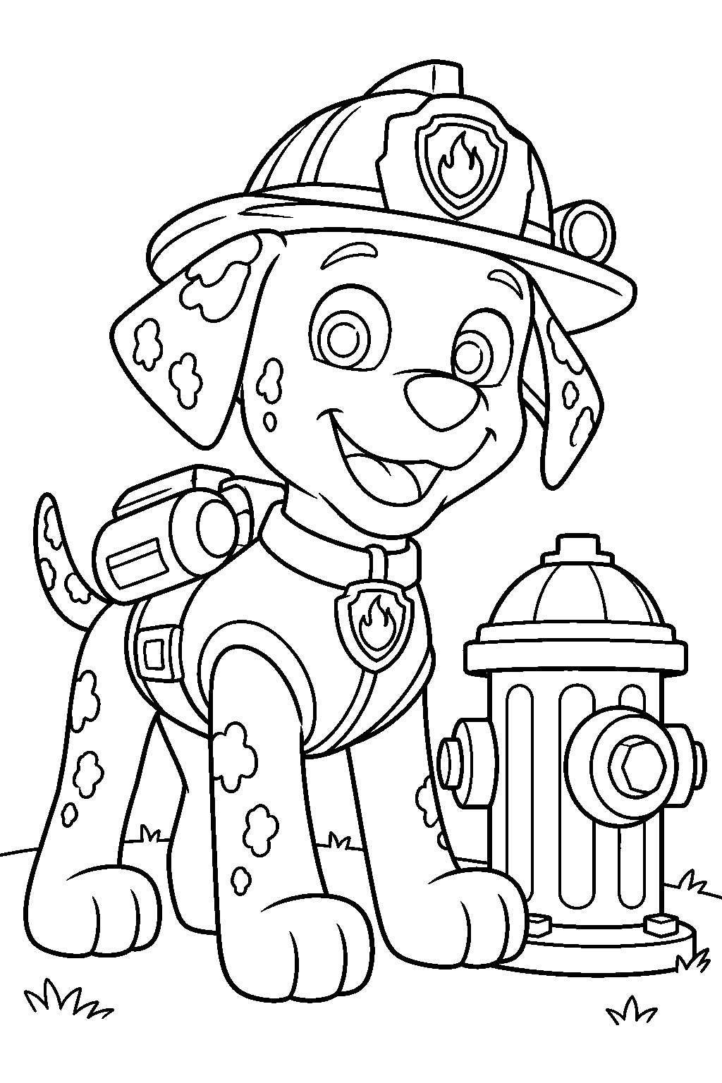 paw patrol marshall in his firefighter uniform beside a fire hydrant line art