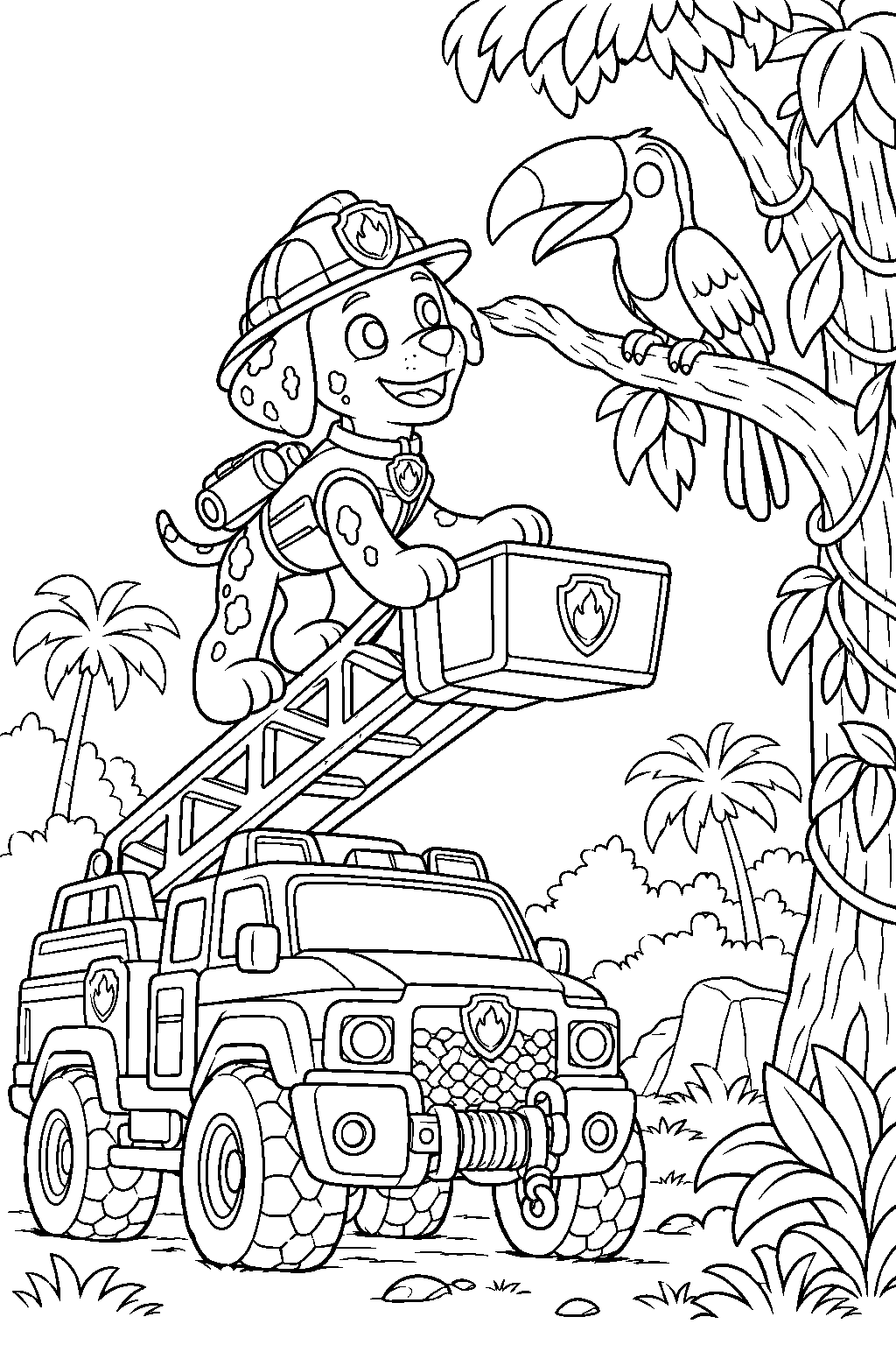 paw patrol marshall in his jungle rescue uniform helping a toucan down from a rainforest tree line art