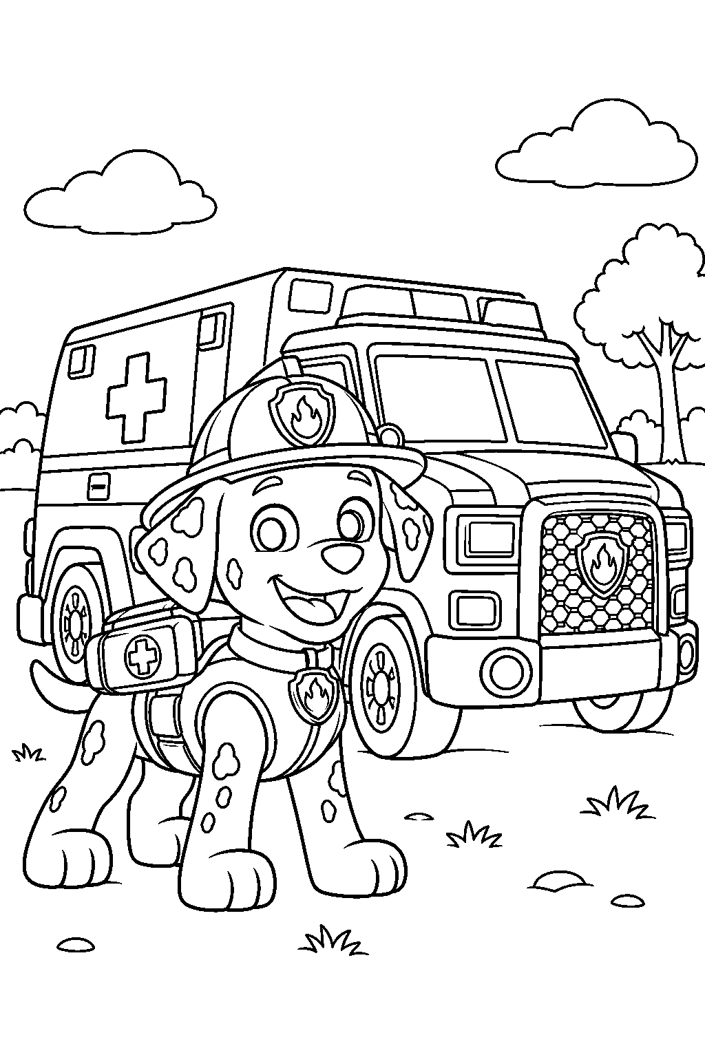 paw patrol marshall in his medic uniform beside his ambulance line art