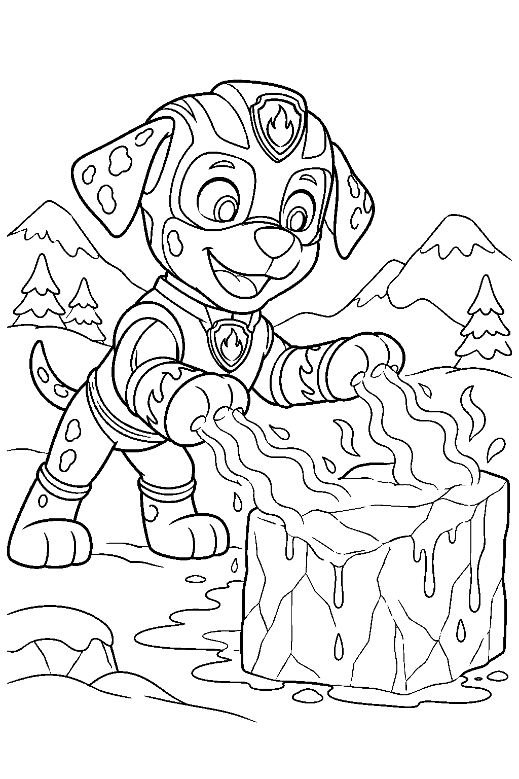 paw patrol marshall in his mighty pups suit melting a block of ice with his heat powers line art