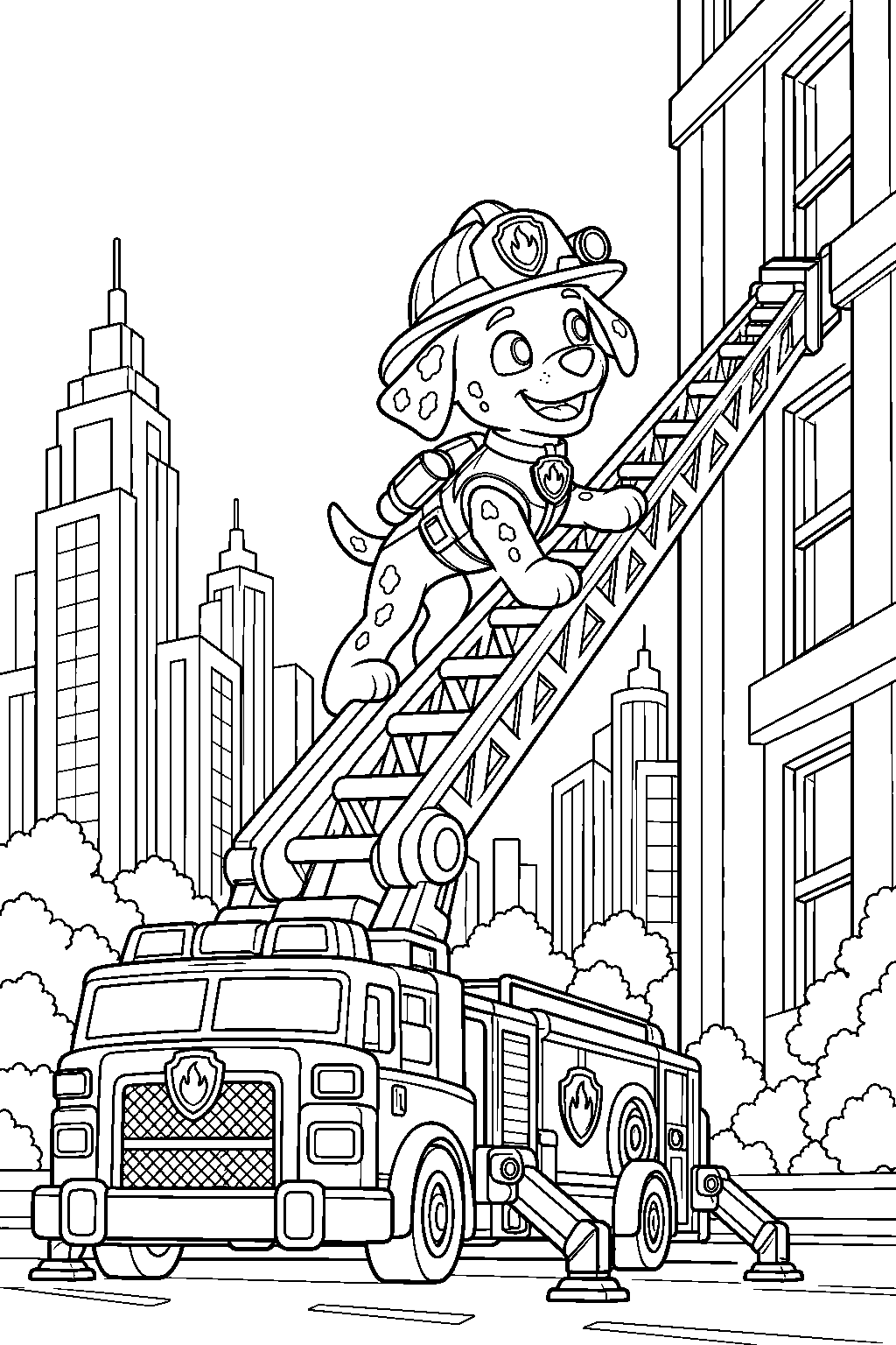 paw patrol marshall in his movie firefighter uniform extending his ladder toward an adventure city skyscraper line art