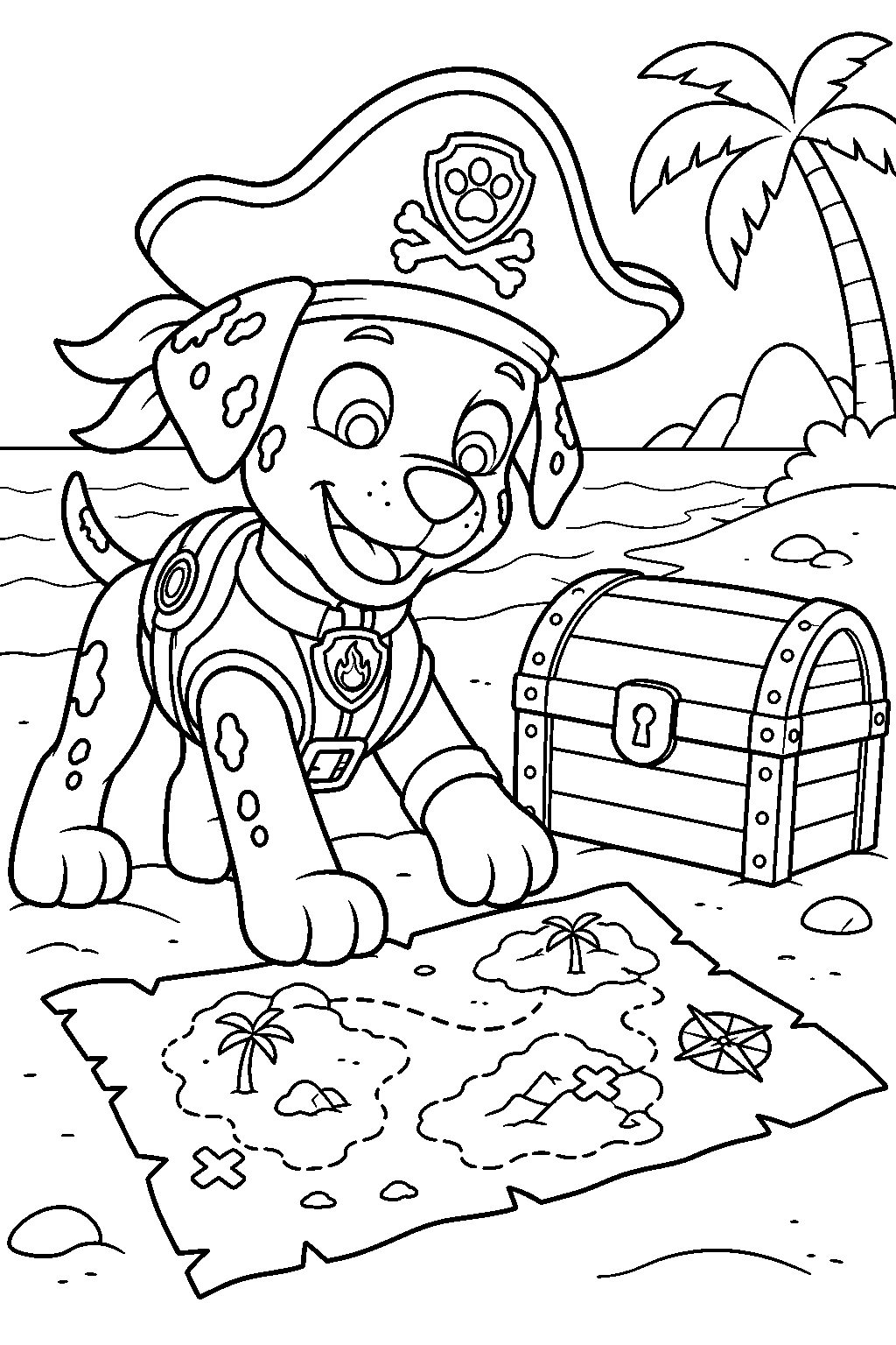 paw patrol marshall in his pirate outfit following a treasure map beside a chest on the beach line art