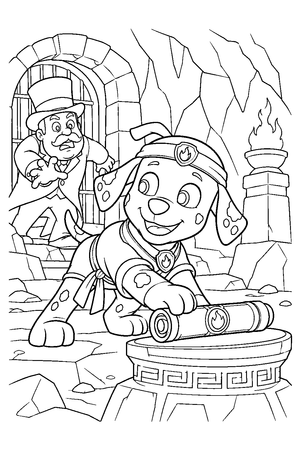 paw patrol marshall in his pup fu outfit retrieving the ancient scroll from mayor humdinger s lair line art