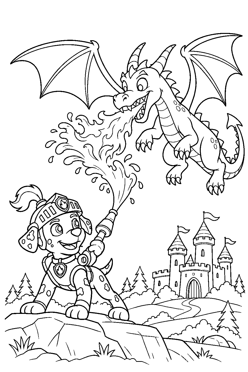 paw patrol marshall in his rescue knights armor using his water lance against dragon flames line art