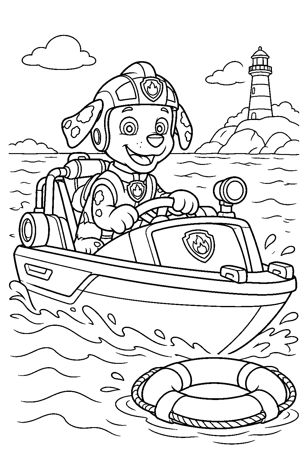 paw patrol marshall in his sea patrol uniform steering his rescue boat toward a life buoy line art