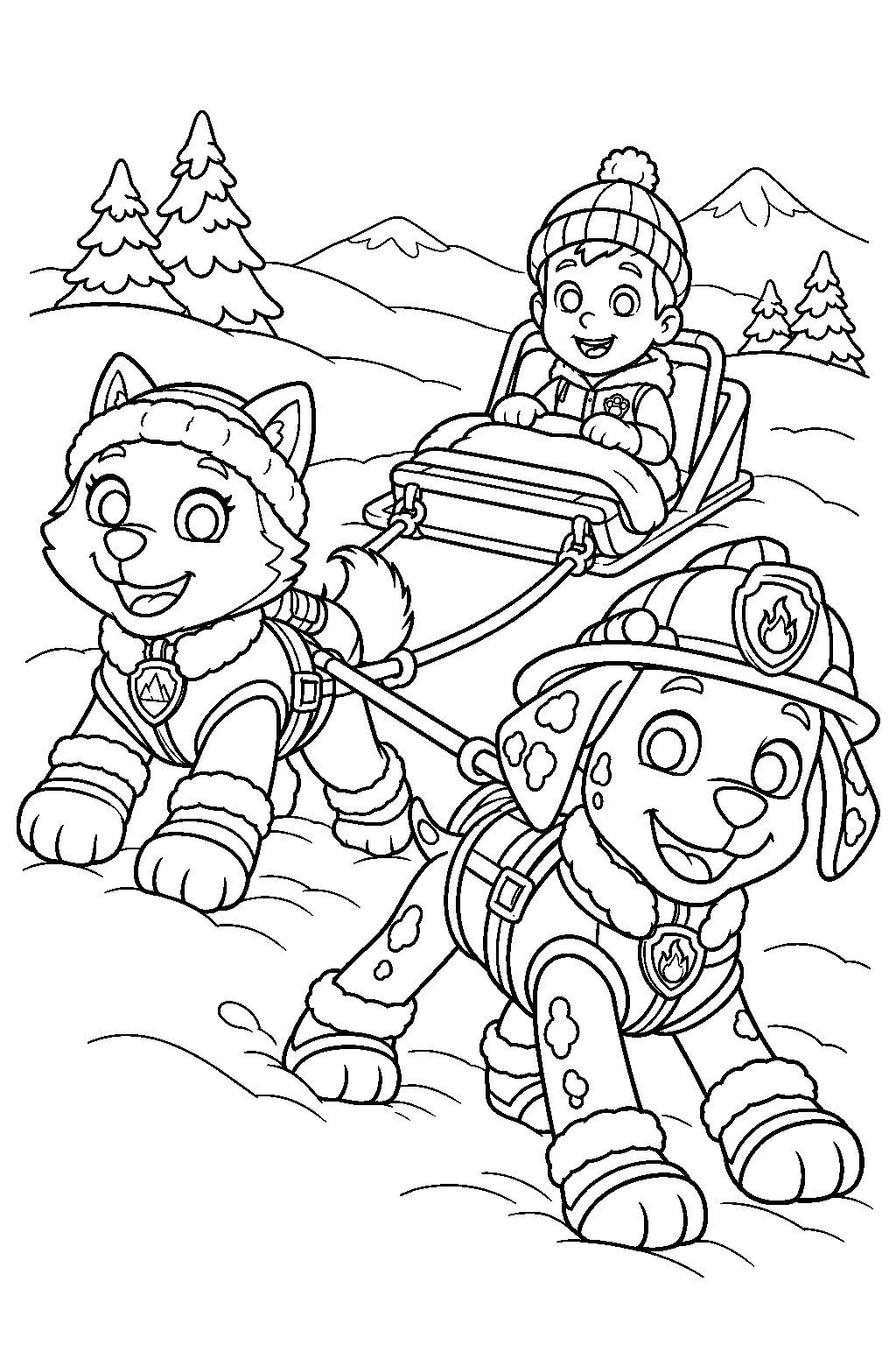 paw patrol marshall in his snow rescue uniform helping everest pull a rescue sled line art