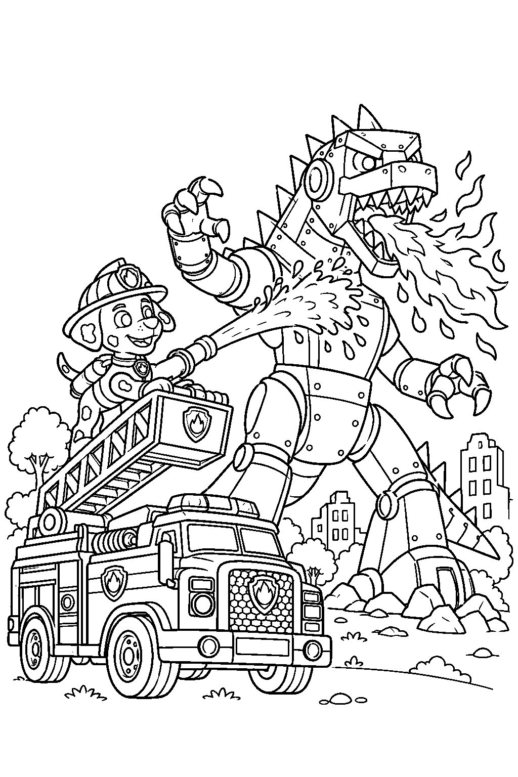 paw patrol marshall leading an ultimate rescue against a fire breathing movie monster robot line art