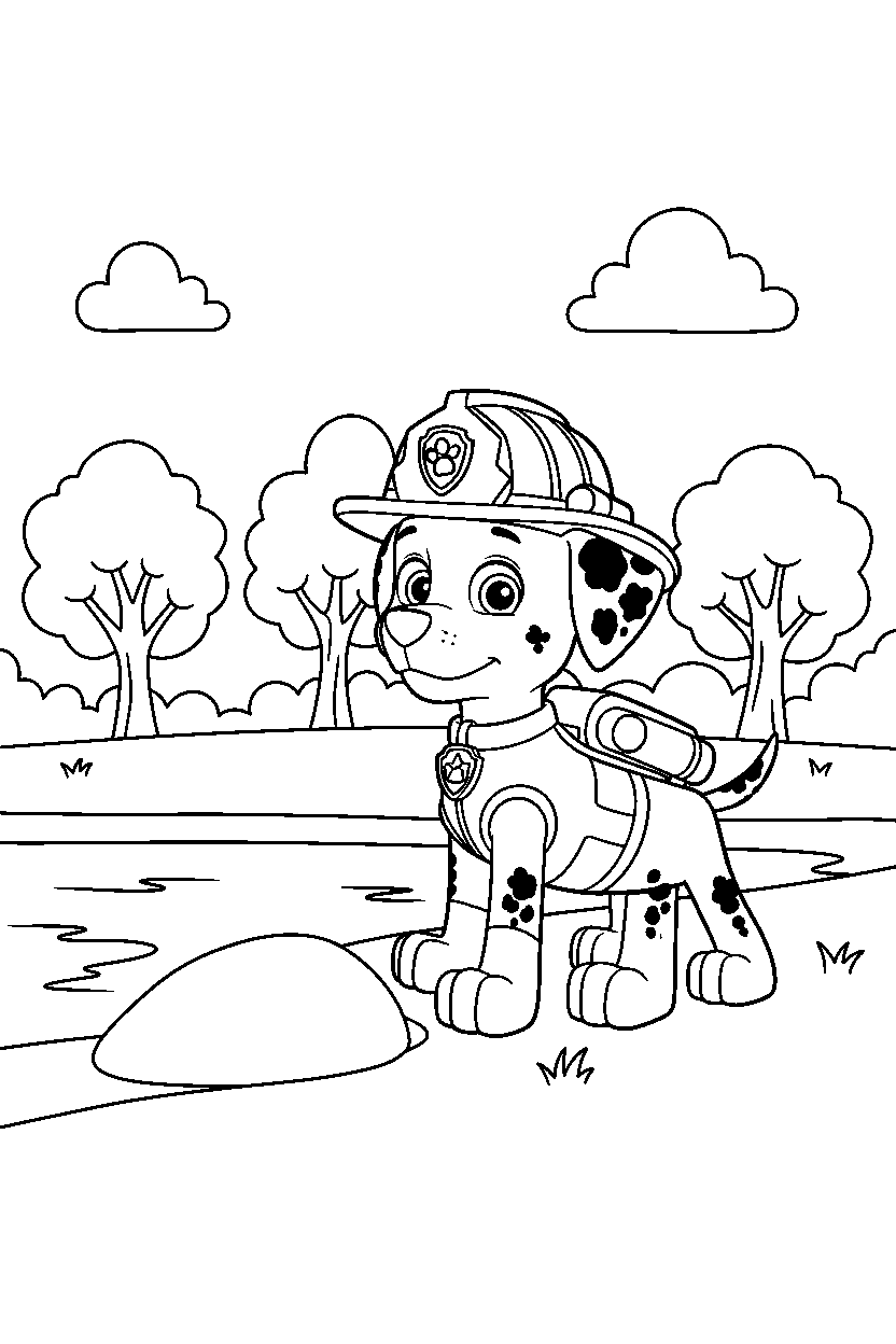 paw patrol marshall looking around by water line art