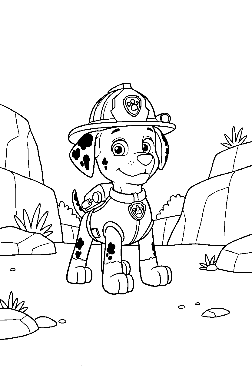 paw patrol marshall looking around in rocky area line art