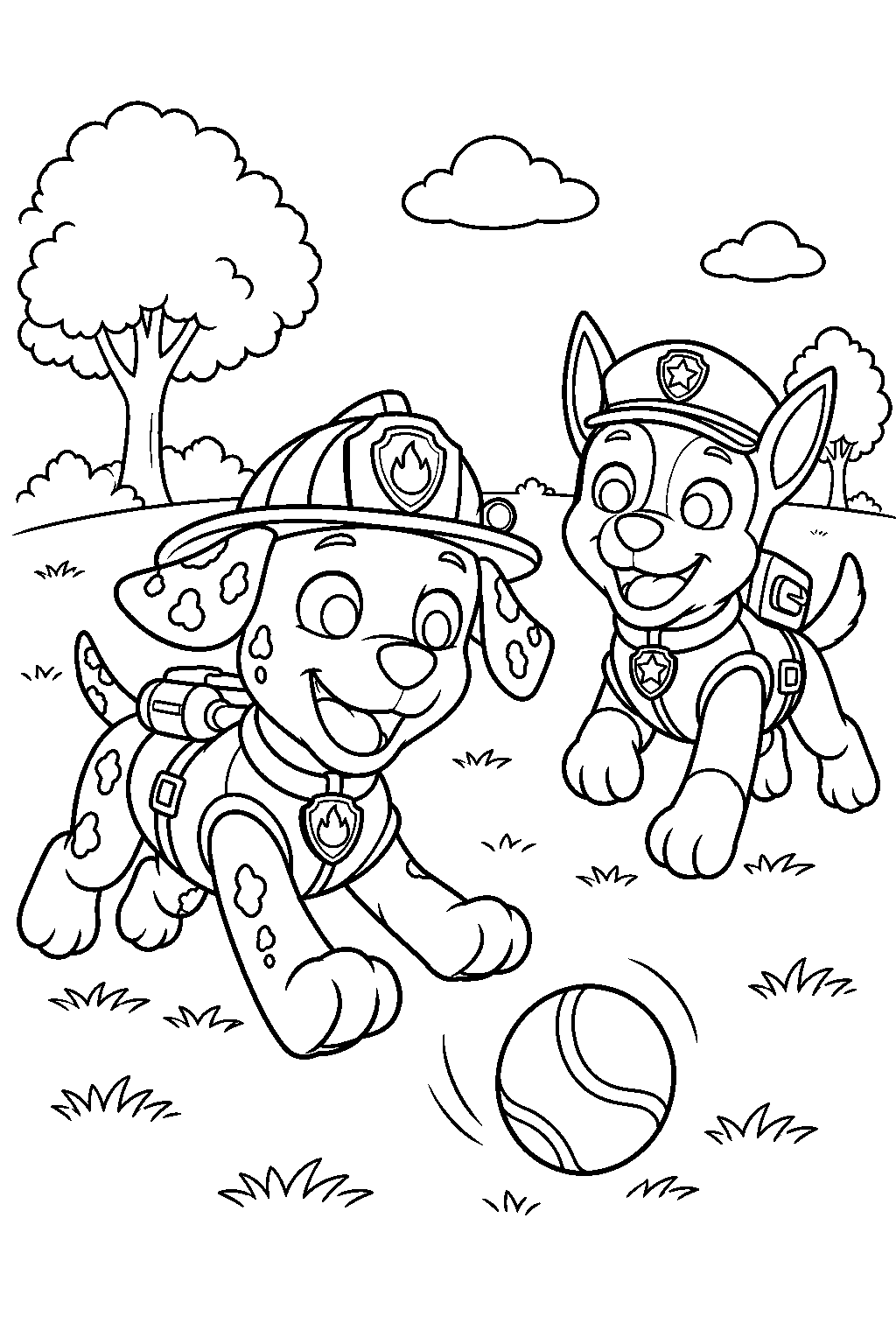 paw patrol marshall playing fetch with chase in the park line art