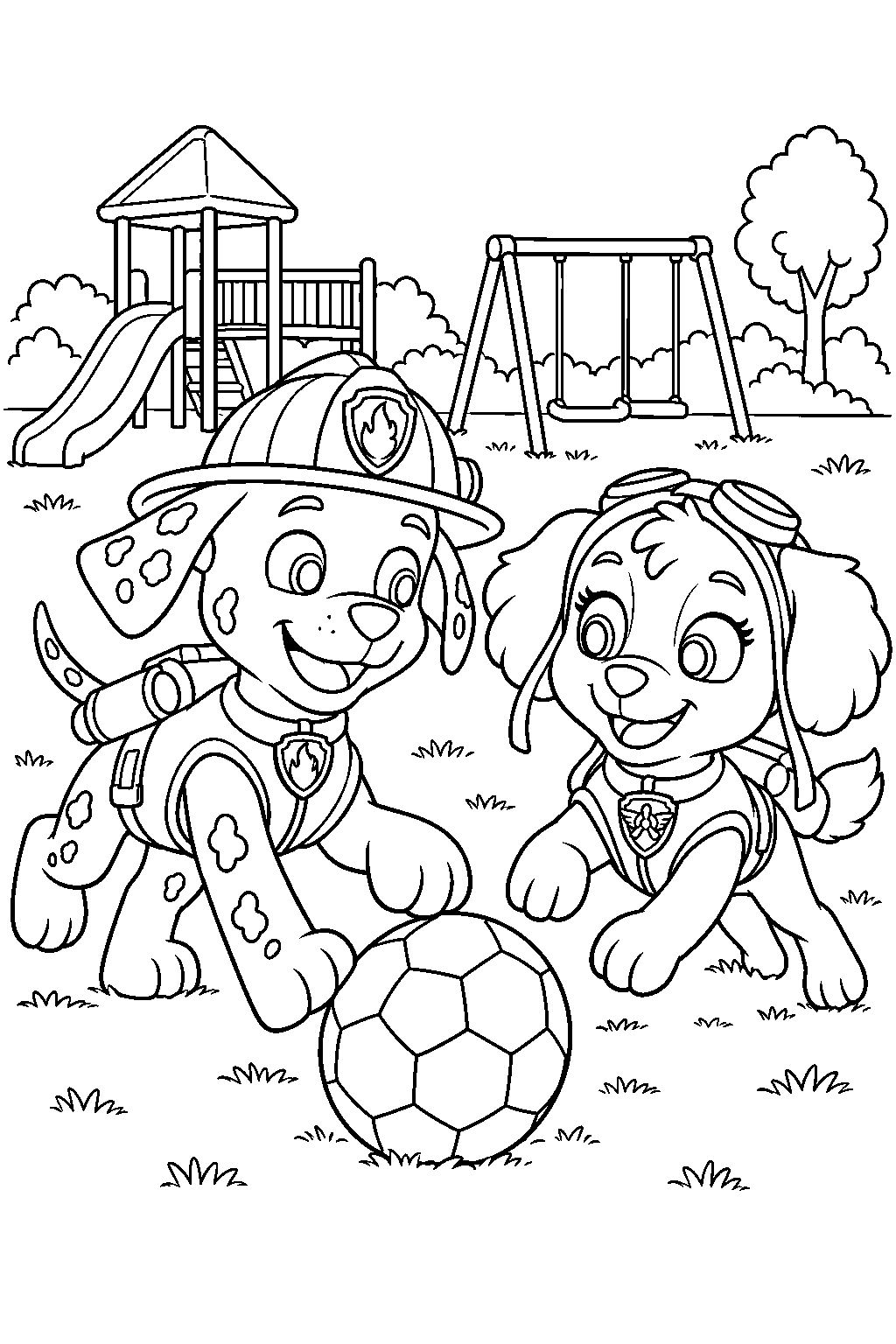 paw patrol marshall playing soccer with skye on the playground line art