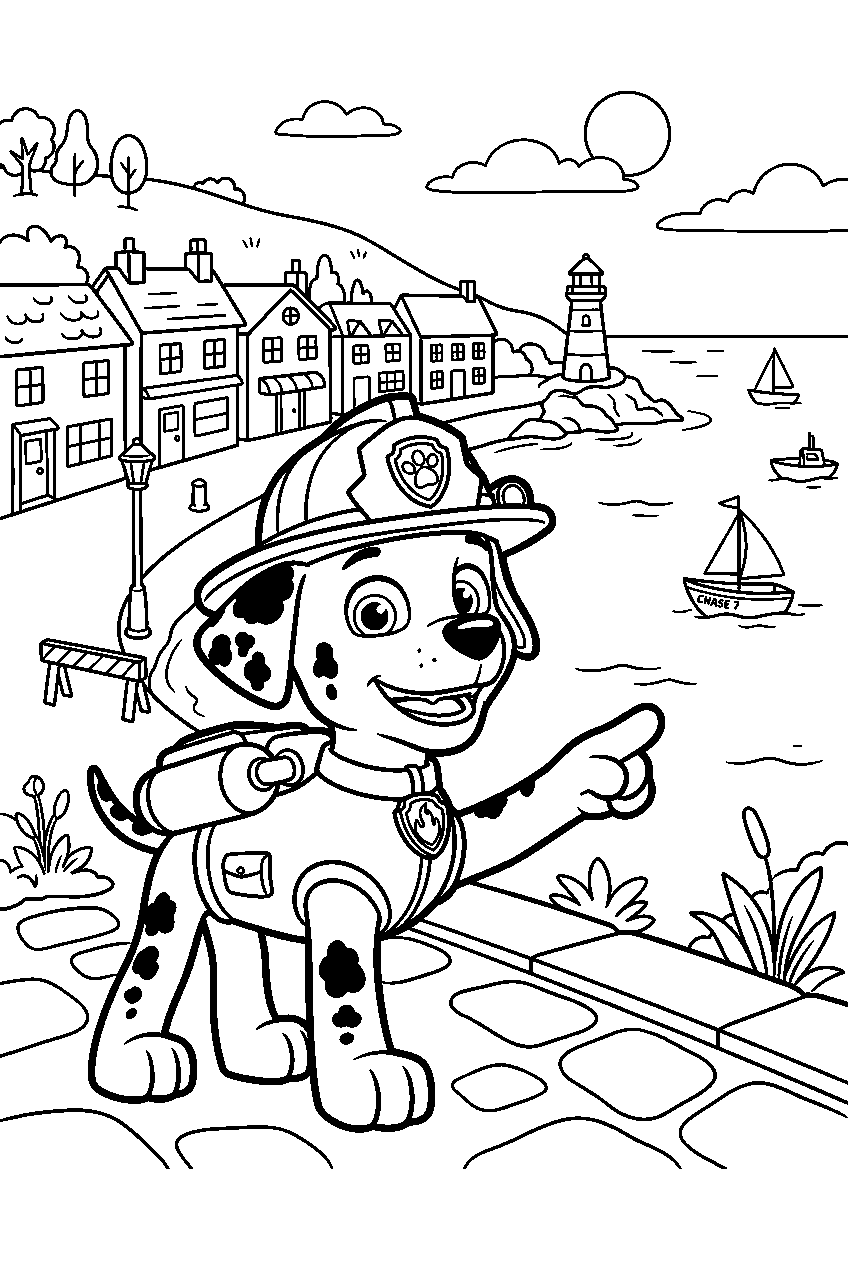 paw patrol marshall pointing in seaside village line art