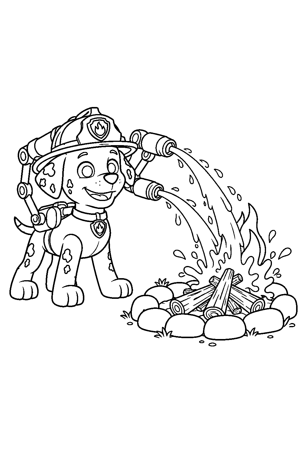 paw patrol marshall putting out a campfire with his pup pack water cannons line art
