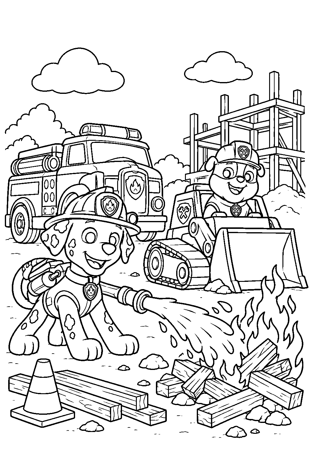 paw patrol marshall putting out a construction site fire beside rubble s bulldozer line art