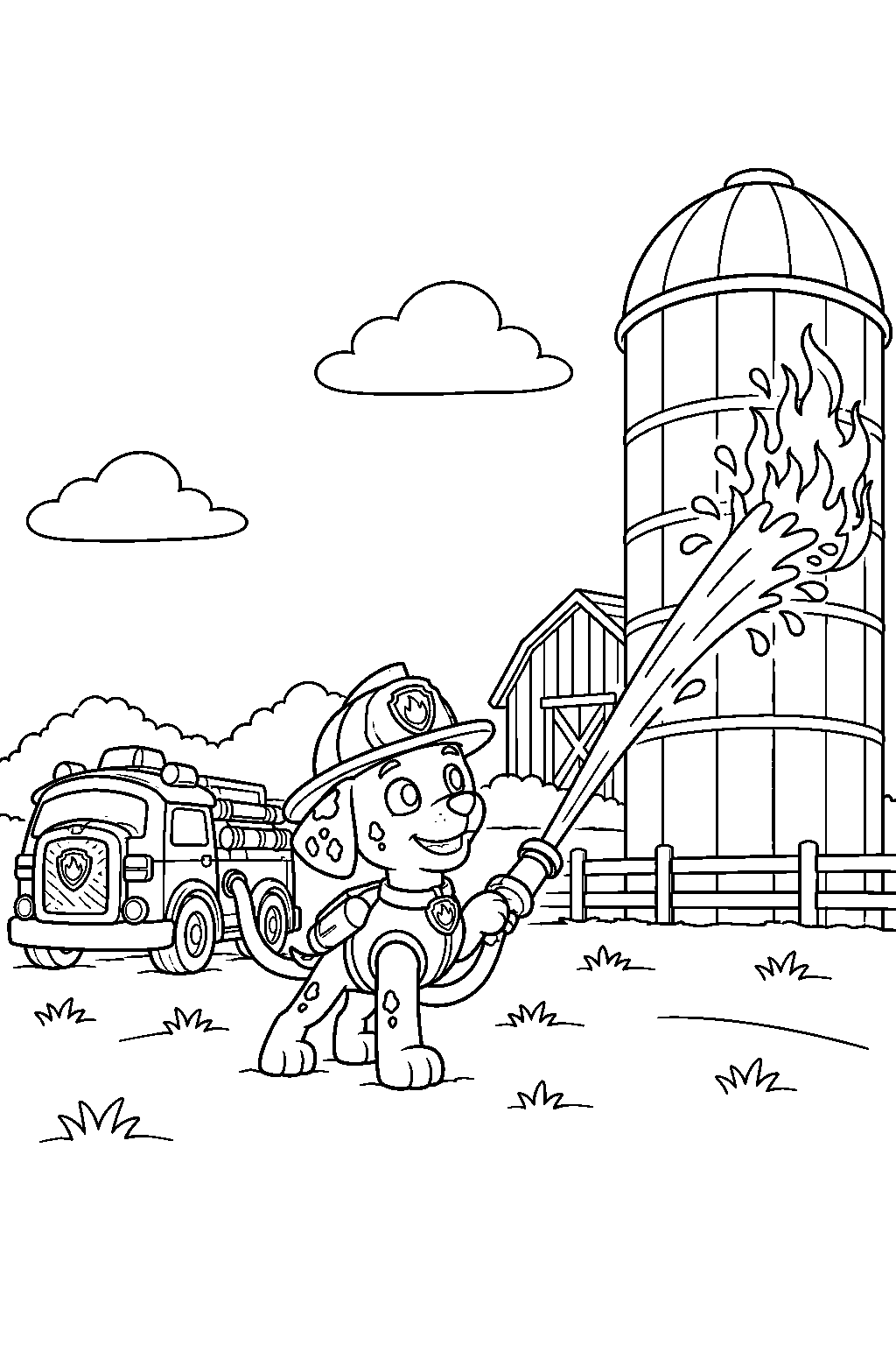 paw patrol marshall putting out a fire at farmer al s silo line art