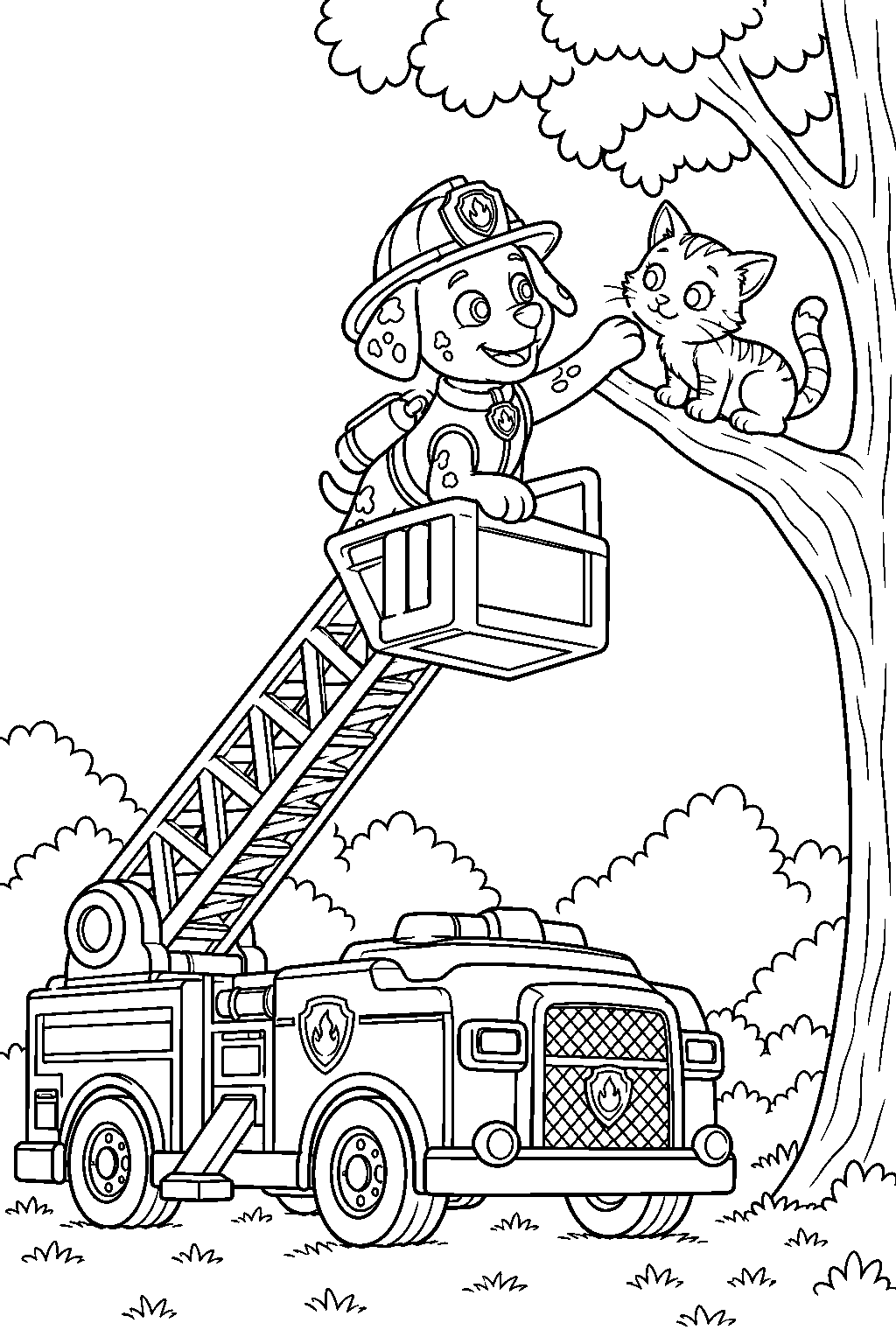 paw patrol marshall rescuing a kitten from a tree with his fire truck ladder line art