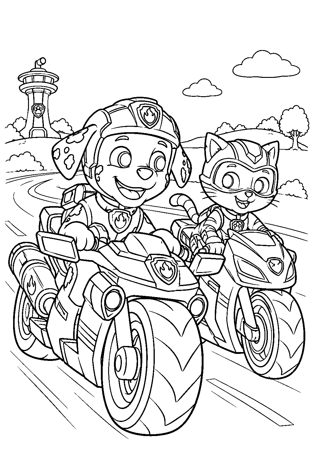 paw patrol marshall riding his moto pups motorcycle alongside wild cat line art