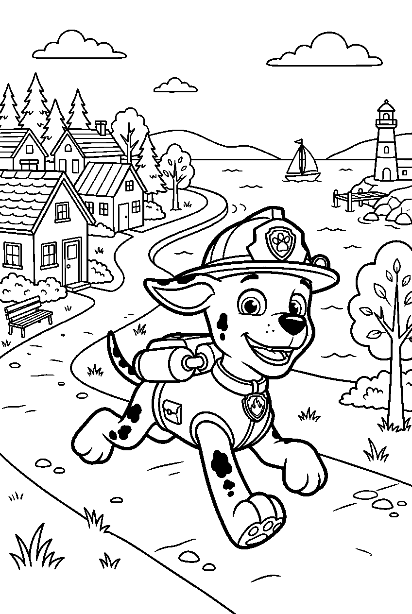 paw patrol marshall running in seaside village line art
