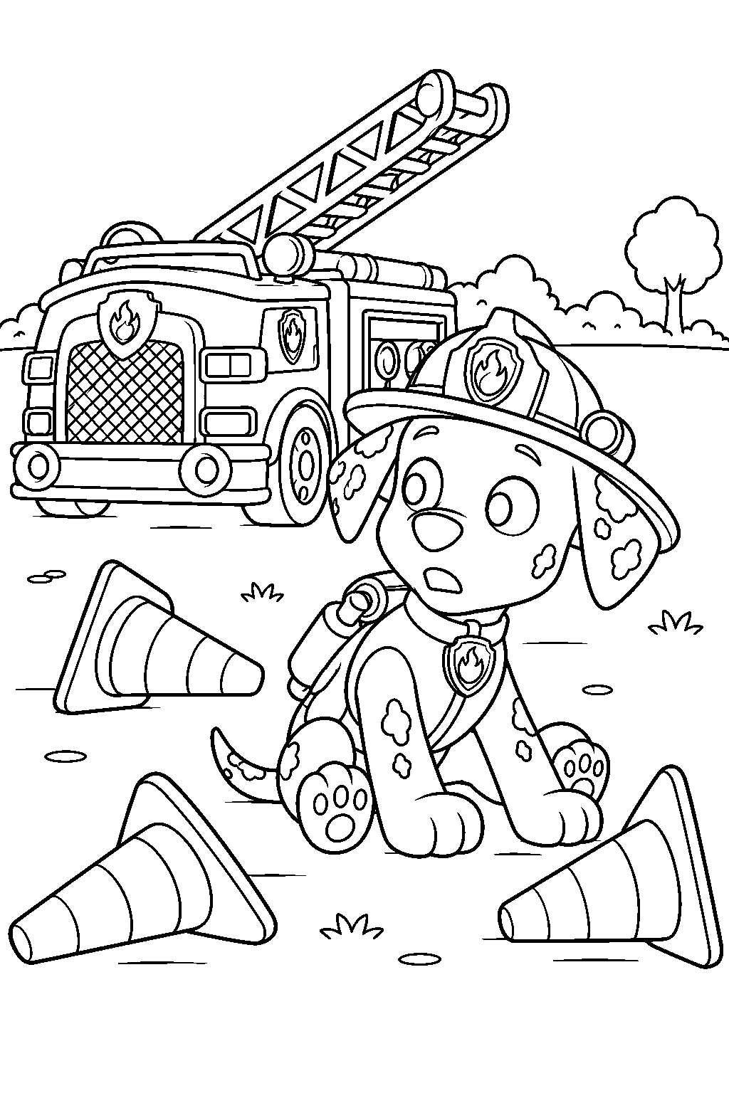 paw patrol marshall sitting beside toppled traffic cones after a clumsy tumble line art