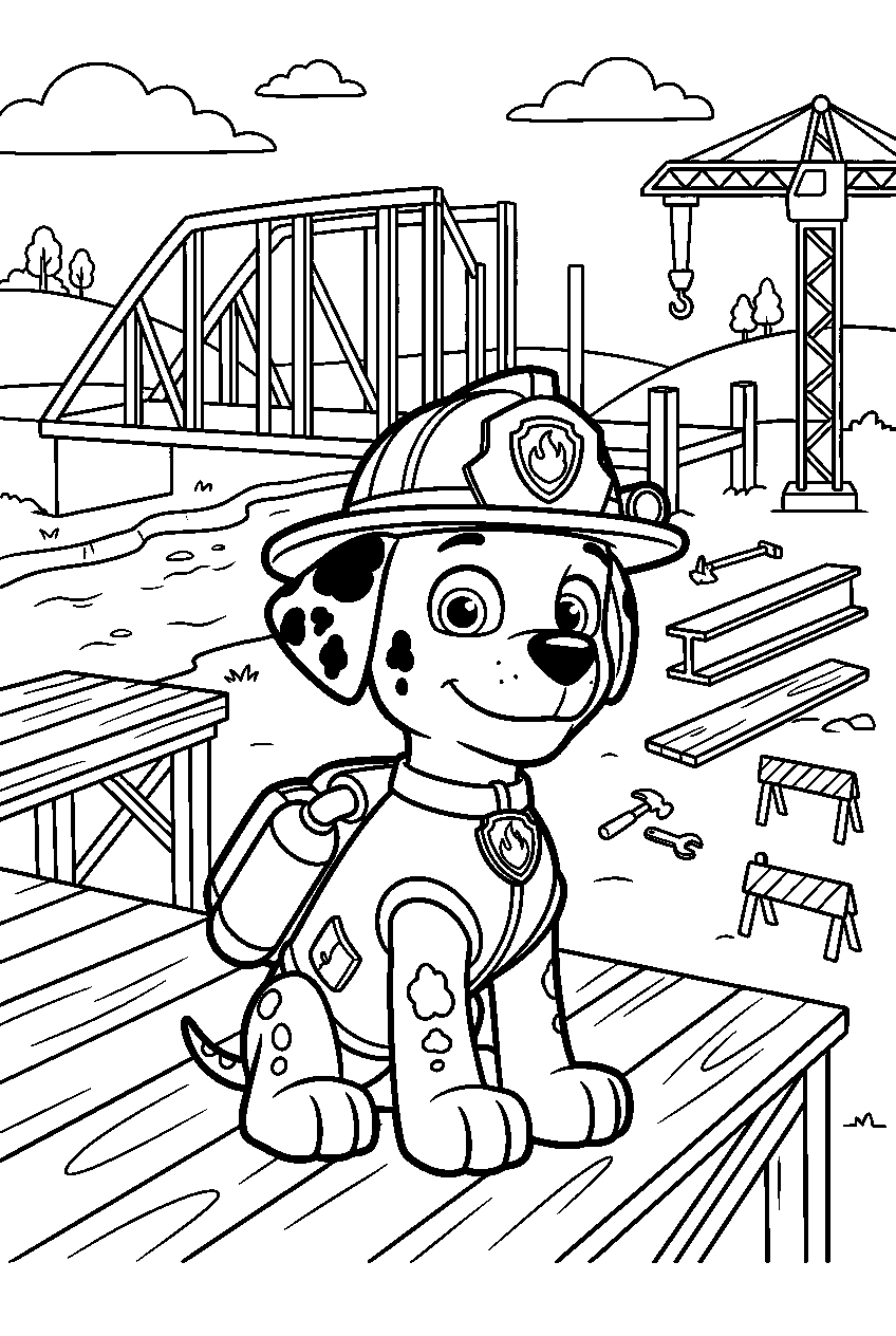 paw patrol marshall sitting in bridge construction area line art