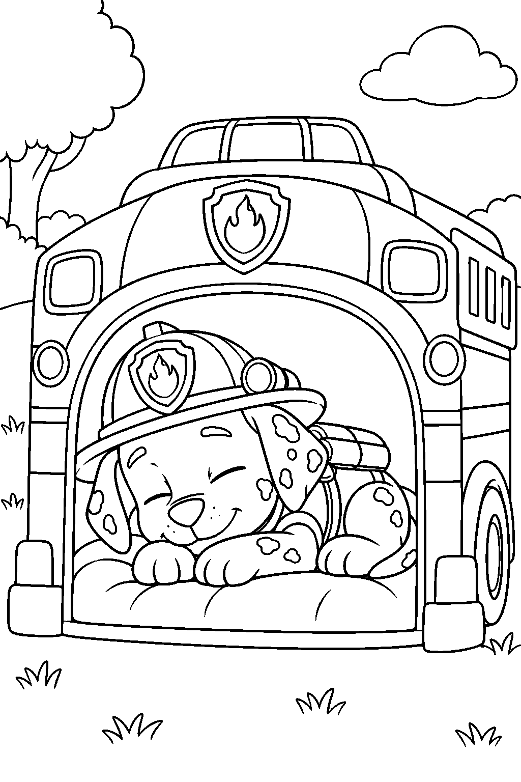 paw patrol marshall sleeping inside his fire truck doghouse line art