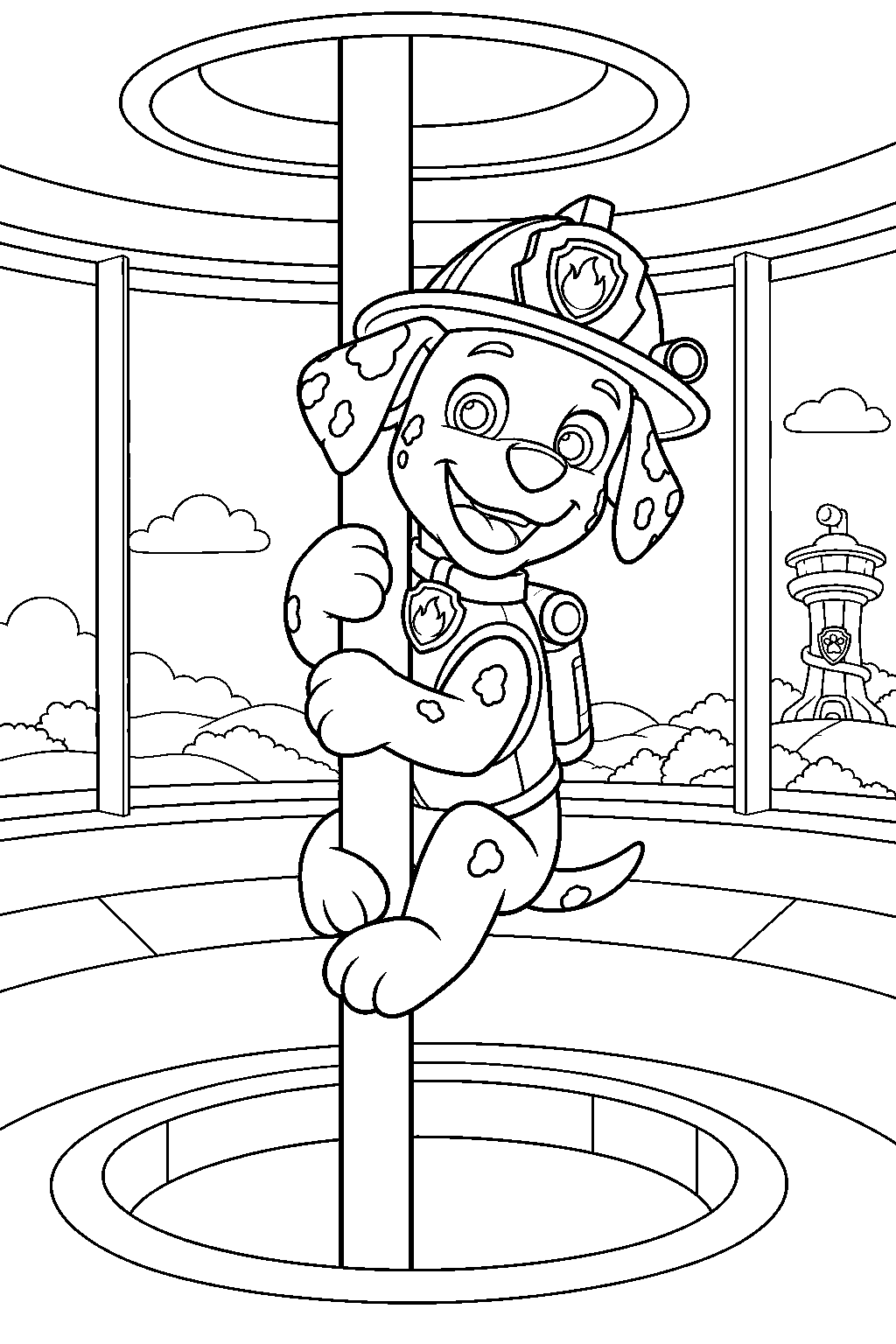 paw patrol marshall sliding down a fire pole at the lookout line art