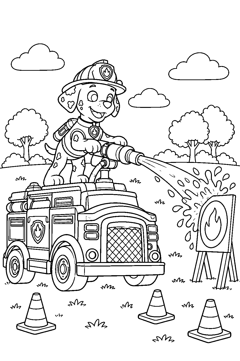paw patrol marshall spraying water at a target during firefighter training line art