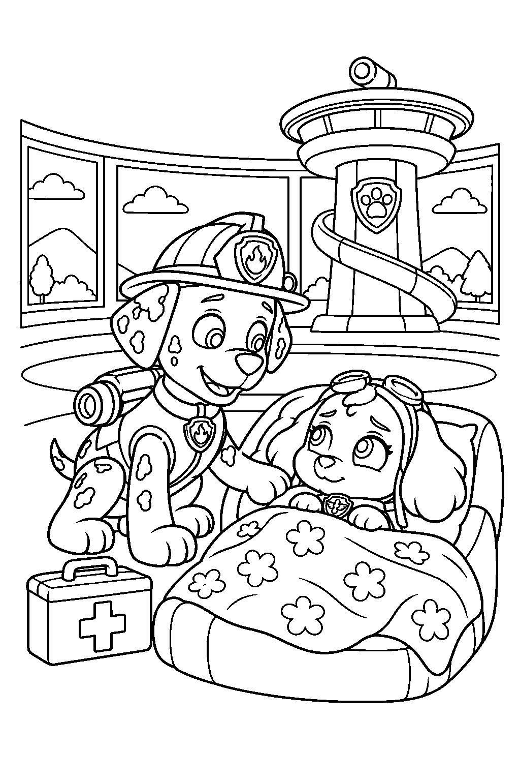 paw patrol marshall tending to a sick skye resting under a blanket at the lookout line art
