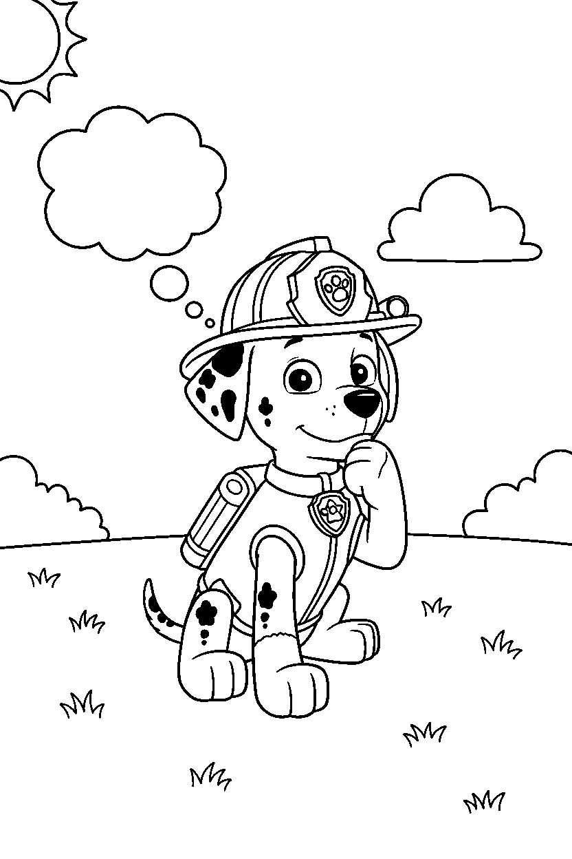 paw patrol marshall thinking in grassy field line art