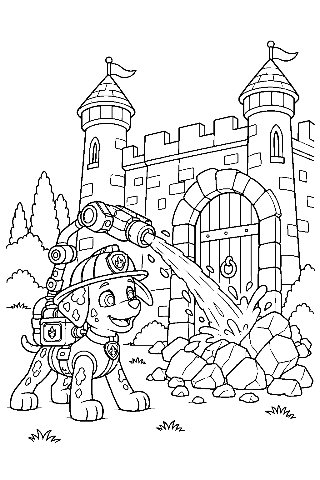 paw patrol marshall using his mission paw hydro launcher at a blocked castle doorway line art