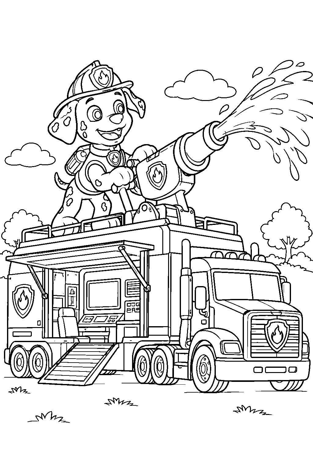paw patrol marshall using the water cannon in his big truck pups trailer command center line art