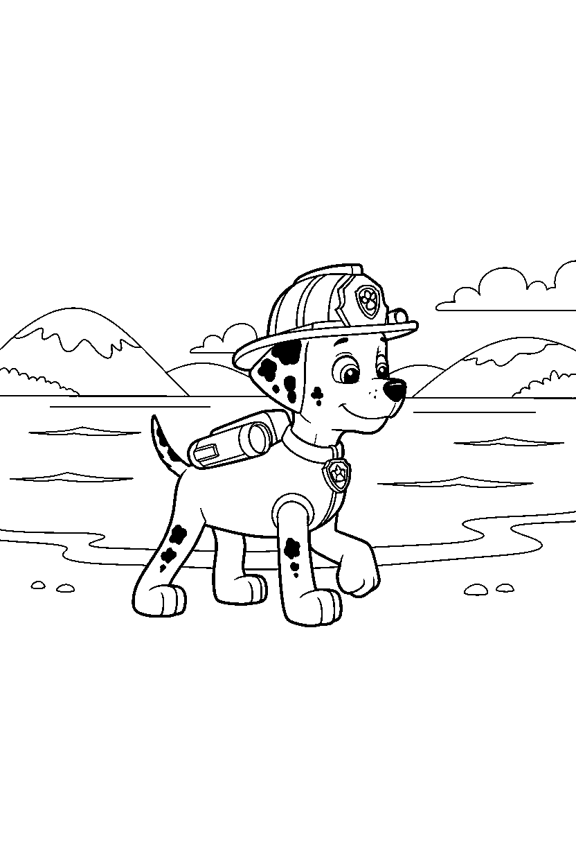 paw patrol marshall walking by lake line art